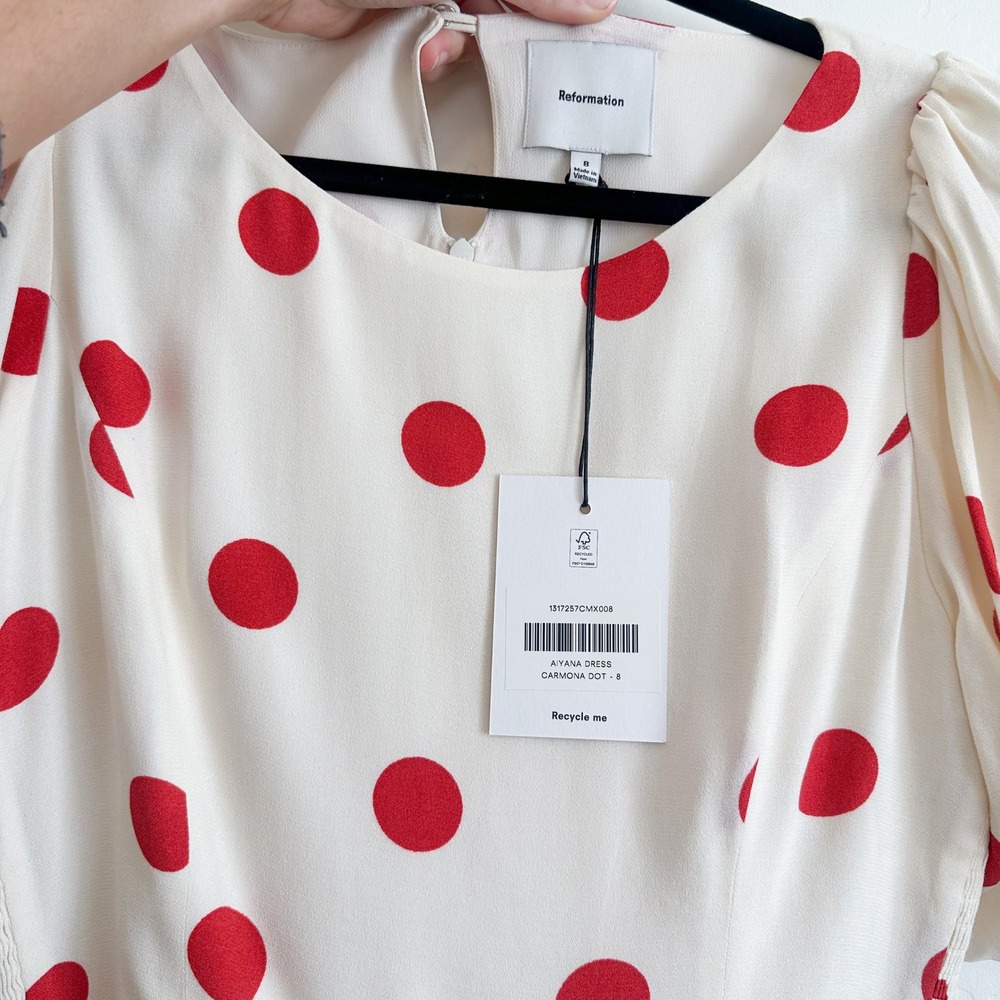 Reformation | NWT Aiyana Polka Dot Puff Sleeve Mini Dress in Carmona Dot - Picture 7 of 9